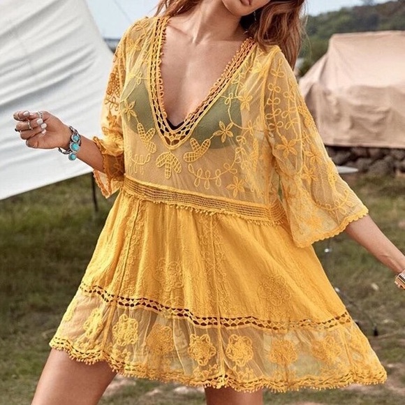 Dolly Boho Crochet Cotton Floral Inlay Lace Mini Dress Beach CoverUp - Picture 5 of 6